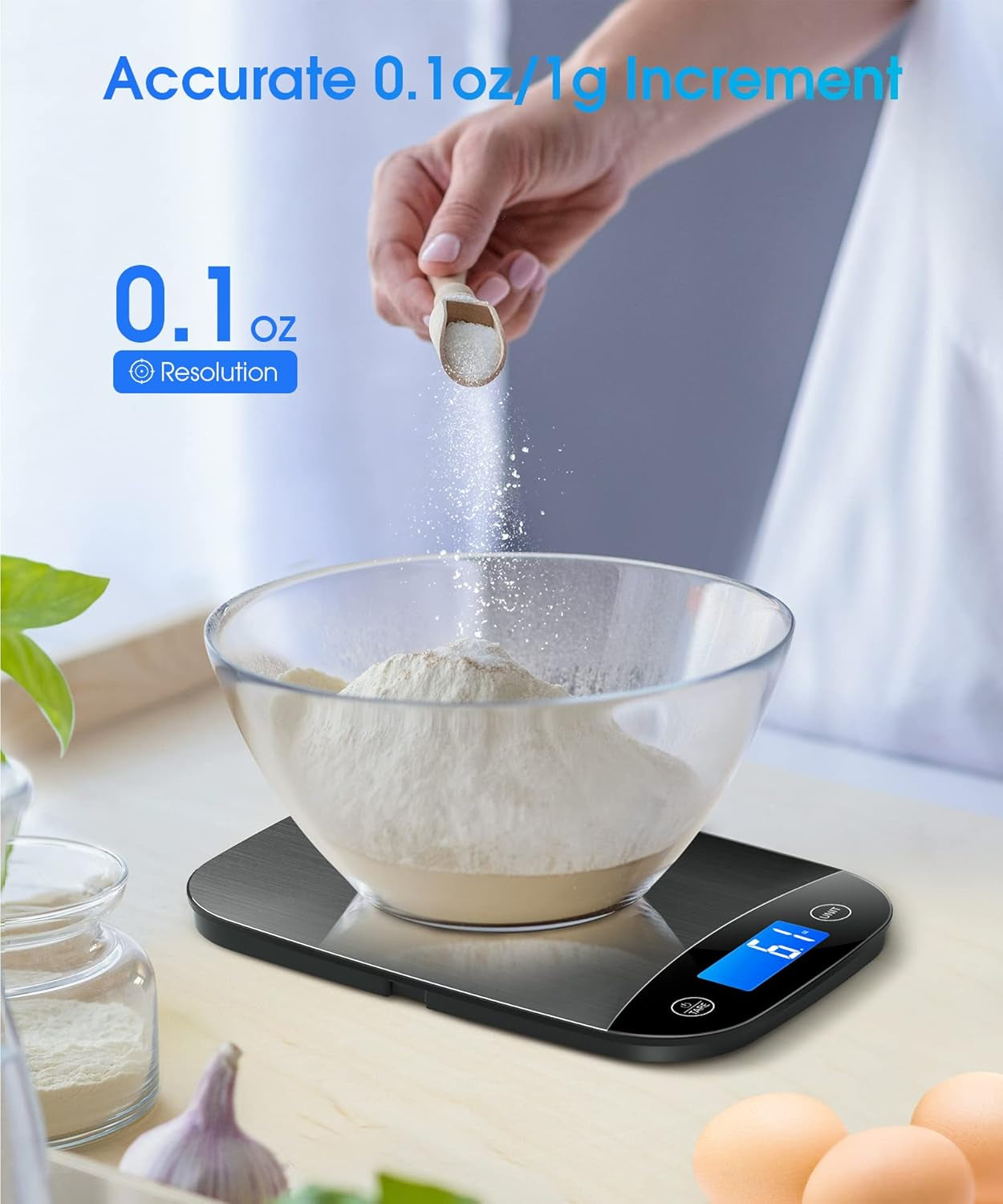 Food Scale 22Lbs Digital Kitchen Scale for Cooking Baking Weight Loss, Weighs in Grams and Ounce with 0.1Oz/1G Resolution, Sleek Design and Large LCD Screen